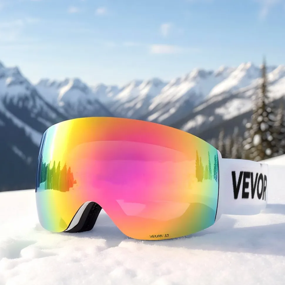 VEVOR Frameless Ski Goggles, Spherical Lens with Pink Revo Coating, OTG Anti fog Snow Goggles for Men Women Youth, TPU Frame & Ventilation Structure, Suitable for Skiing, Skating, Snowboarding