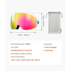 VEVOR Frameless Ski Goggles, Spherical Lens with Pink Revo Coating, OTG Anti fog Snow Goggles for Men Women Youth, TPU Frame & Ventilation Structure, Suitable for Skiing, Skating, Snowboarding