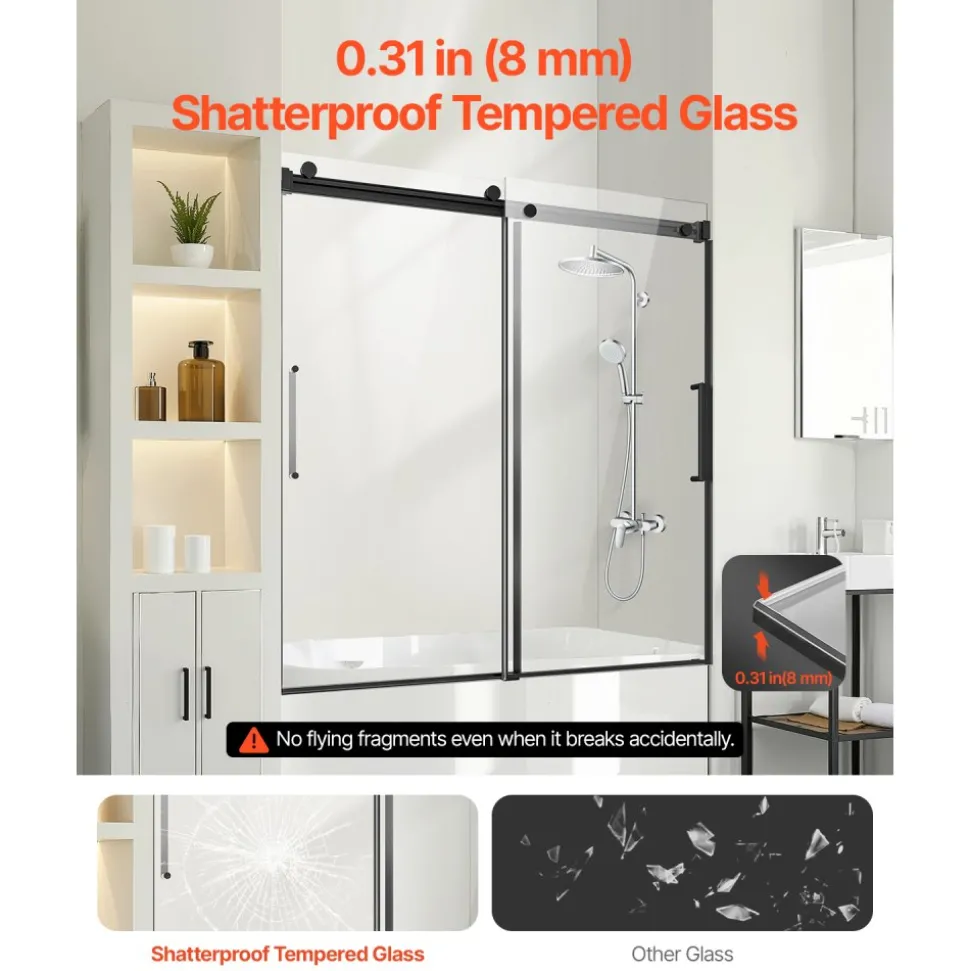 VEVOR Frameless Sliding Bathtub Door, 56-60 in.W x 60 in.H, Frameless Shower Glass Door, Frameless Double Sliding Tub Door with 5/16 in Clear Tempered Glass and Stainless Steel Handle, Black Finish