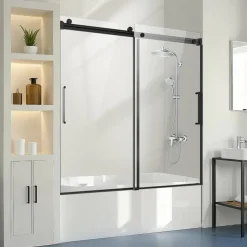 VEVOR Frameless Sliding Bathtub Door, 56-60 in.W x 60 in.H, Frameless Shower Glass Door, Frameless Double Sliding Tub Door with 5/16 in Clear Tempered Glass and Stainless Steel Handle, Black Finish