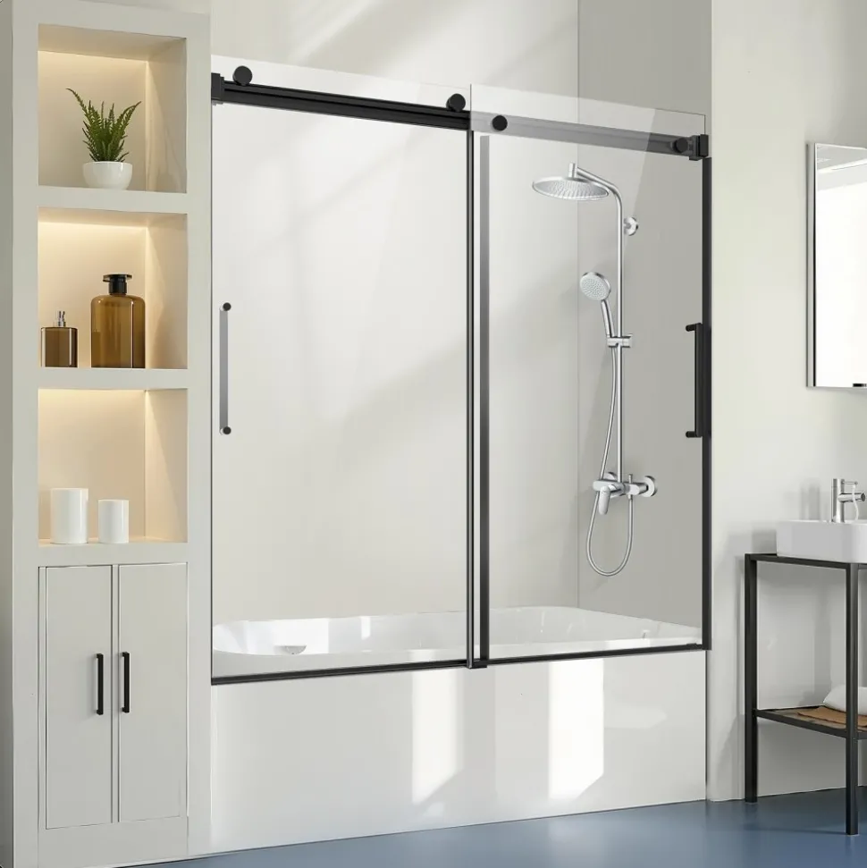 VEVOR Frameless Sliding Bathtub Door, 56-60 in.W x 60 in.H, Frameless Shower Glass Door, Frameless Double Sliding Tub Door with 5/16 in Clear Tempered Glass and Stainless Steel Handle, Black Finish