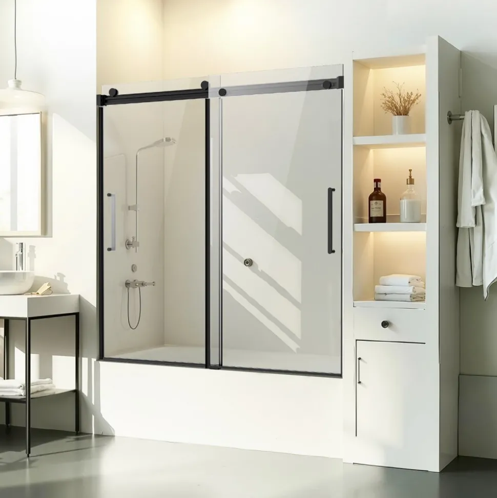 VEVOR Frameless Sliding Bathtub Door, 56-60 in.W x 60 in.H, Frameless Shower Glass Door, Frameless Double Sliding Tub Door with 5/16 in Clear Tempered Glass and Stainless Steel Handle, Black Finish