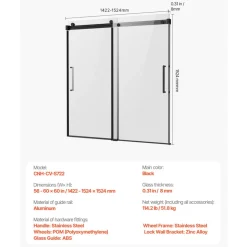 VEVOR Frameless Sliding Bathtub Door, 56-60 in.W x 60 in.H, Frameless Shower Glass Door, Frameless Double Sliding Tub Door with 5/16 in Clear Tempered Glass and Stainless Steel Handle, Black Finish