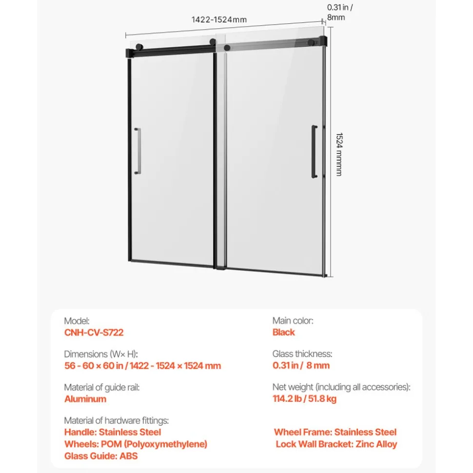 VEVOR Frameless Sliding Bathtub Door, 56-60 in.W x 60 in.H, Frameless Shower Glass Door, Frameless Double Sliding Tub Door with 5/16 in Clear Tempered Glass and Stainless Steel Handle, Black Finish