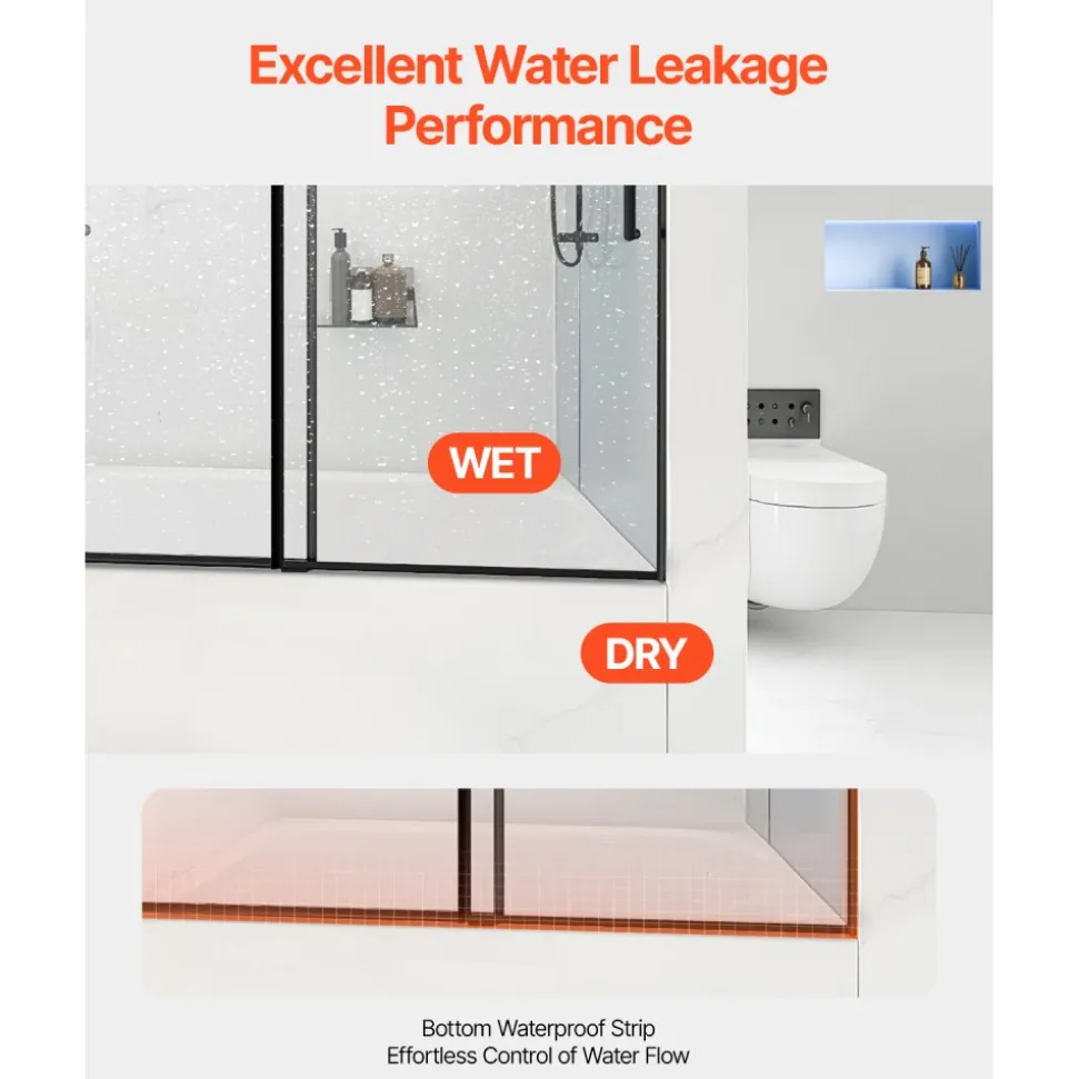 VEVOR Frameless Sliding Bathtub Door, 56-60 in.W x 60 in.H, Frameless Shower Glass Door, Frameless Double Sliding Tub Door with 5/16 in Clear Tempered Glass and Stainless Steel Handle, Black Finish