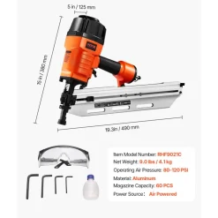 VEVOR Framing Nailer, 80-120PSI Air Nail Gun, 2" to 3-1/2" 21 Degree Full Round Head Pneumatic Framing Nailer with Tool-Less Depth Adjustment & Dual Trigger Modes, Ideal for Framing Decking Flooring