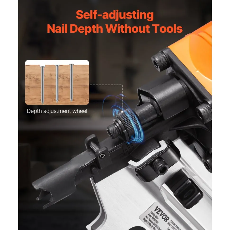 VEVOR Framing Nailer, 2" to 3-1/2" 21 Degree Full Round Head Pneumatic Framing Nailer with Dual Trigger Modes & Tool-Less Depth Adjustment, 80-120PSI Pro Air Nail Gun for Framing Flooring Decking