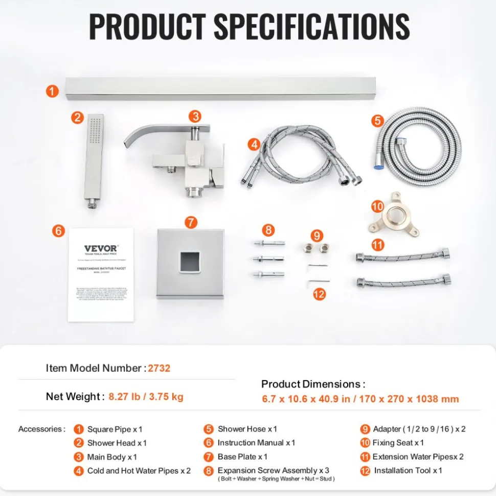 VEVOR Freestanding Bathtub Faucet, Floor Mount, Freestanding Tub Filler, Shower Mixer Taps, Two Water Modes, 360° Swivel Spout, for Bathing & Showering Pet Bathing Cleaning Drains Toilet Flushing