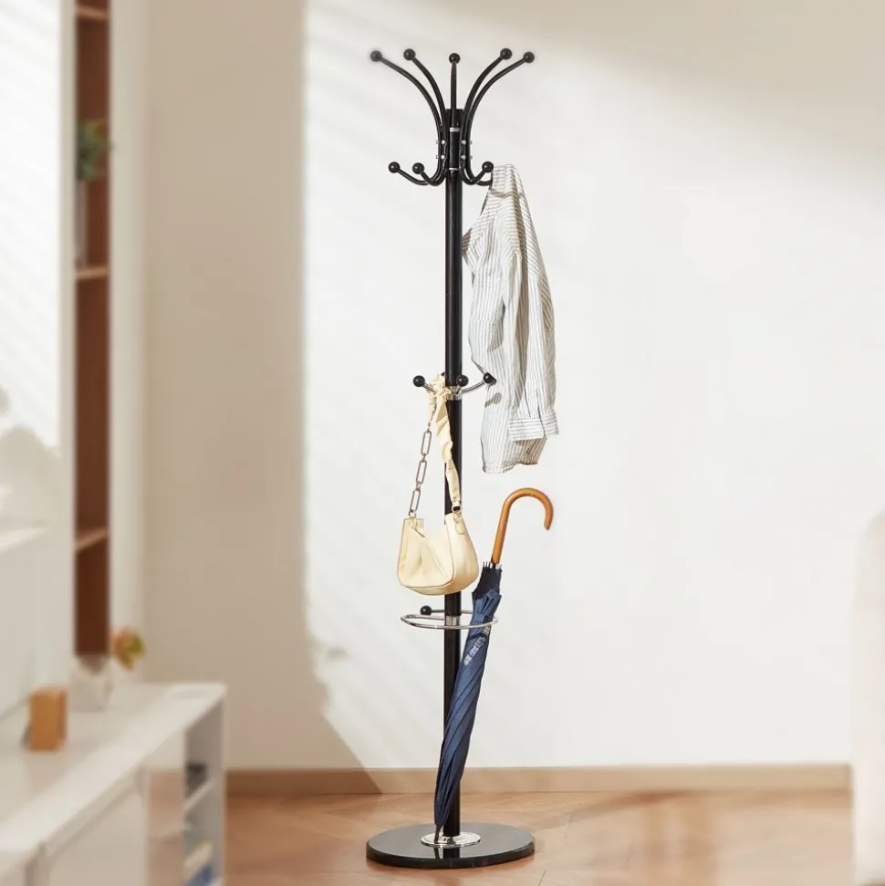 VEVOR Freestanding Coat Rack, Metal Coats Rack Stand with Umbrella Holder, Stable Marble Base & 14 Hooks, Hall Coat Tree for Entryway, Bedroom, Living Room, Stylish Coats Hanger for Hats, Scarves, Bag