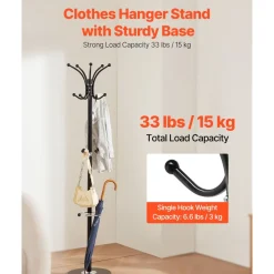 VEVOR Freestanding Coat Rack, Metal Coats Rack Stand with Umbrella Holder, Stable Marble Base & 14 Hooks, Hall Coat Tree for Entryway, Bedroom, Living Room, Stylish Coats Hanger for Hats, Scarves, Bag
