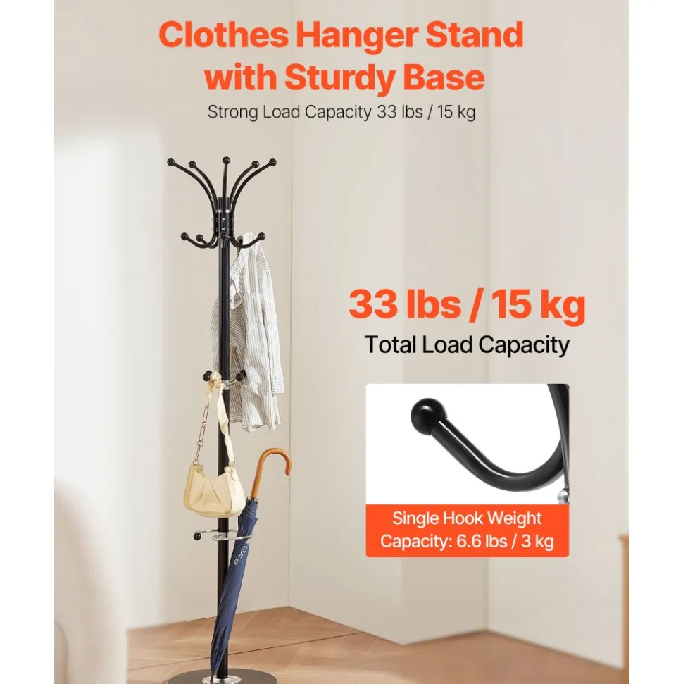 VEVOR Freestanding Coat Rack, Metal Coats Rack Stand with Umbrella Holder, Stable Marble Base & 14 Hooks, Hall Coat Tree for Entryway, Bedroom, Living Room, Stylish Coats Hanger for Hats, Scarves, Bag