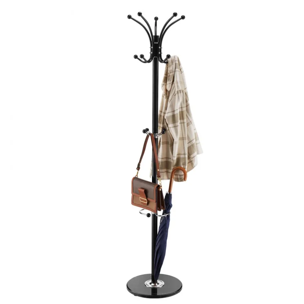 VEVOR Freestanding Coat Rack, Metal Coats Rack Stand with Umbrella Holder, Stable Marble Base & 14 Hooks, Hall Coat Tree for Entryway, Bedroom, Living Room, Stylish Coats Hanger for Hats, Scarves, Bag