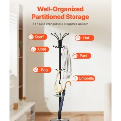 VEVOR Freestanding Coat Rack, Metal Coats Rack Stand with Umbrella Holder, Stable Marble Base & 14 Hooks, Hall Coat Tree for Entryway, Bedroom, Living Room, Stylish Coats Hanger for Hats, Scarves, Bag