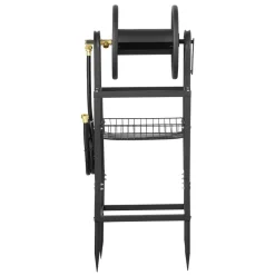 VEVOR Freestanding Garden Hose Reel, Holds 200 Feet of 5/8-inch Hose, Wall Mount or Ground Mount, Detachable Holder Stand with Storage Rack, 5 ft Leader Hose, Brass Fitting, 4 Spikes, for Backyards