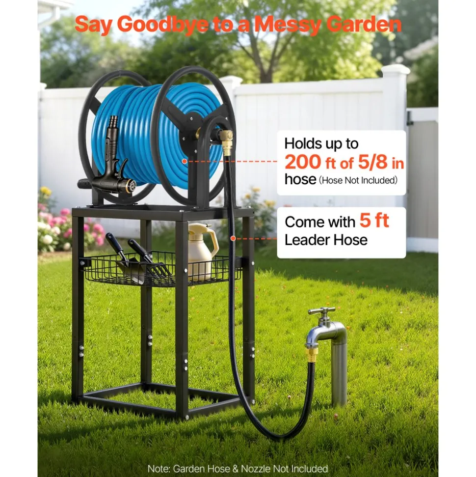 VEVOR Freestanding Garden Hose Reel, Holds 200 Feet of 5/8-inch Hose, Wall Mount or Ground Mount, Detachable Holder Stand with Storage Rack, 5 ft Leader Hose, Brass Fitting, 4 Spikes, for Backyards