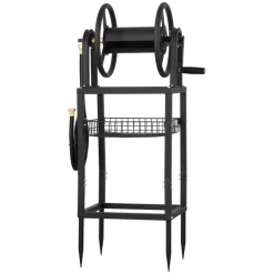 VEVOR Freestanding Garden Hose Reel, Holds 125 Feet of 5/8-inch Hose, Wall Mount or Ground Mount, Detachable Holder Stand with Storage Rack, 5 ft Leader Hose, Brass Fitting, 4 Spikes, for Backyards