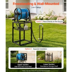 VEVOR Freestanding Garden Hose Reel, Holds 125 Feet of 5/8-inch Hose, Wall Mount or Ground Mount, Detachable Holder Stand with Storage Rack, 5 ft Leader Hose, Brass Fitting, 4 Spikes, for Backyards
