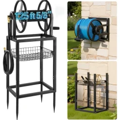 VEVOR Freestanding Garden Hose Reel, Holds 125 Feet of 5/8-inch Hose, Wall Mount or Ground Mount, Detachable Holder Stand with Storage Rack, 5 ft Leader Hose, Brass Fitting, 4 Spikes, for Backyards