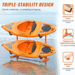 VEVOR Freestanding Kayak Storage Rack, Kayak Stand for 2 Kayak Canoe Paddleboard, Heavy-duty Steel Kayak Hanger Holder with Padded Arms and Adjustable Width, 175LBS Max Load, for Indoor Outdoor Garage