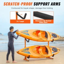 VEVOR Freestanding Kayak Storage Rack, Kayak Stand for 2 Kayak Canoe Paddleboard, Heavy-duty Steel Kayak Hanger Holder with Padded Arms and Adjustable Width, 175LBS Max Load, for Indoor Outdoor Garage