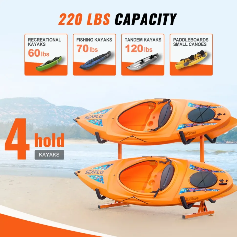 VEVOR Freestanding Kayak Storage Rack, Kayak Stand for 4 Kayak Canoe Paddleboard, Heavy-duty Steel Kayak Hanger Holder with Padded Arms and Adjustable Width, 220LBS Max Load, for Indoor Outdoor Garage