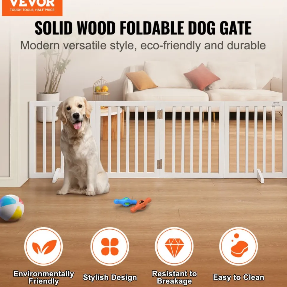 VEVOR Freestanding Pet Barrier, 24" Height x 80.3" Width, 4-Panel Folding Dog Gate for Various Openings, Expandable and Quiet Foot-Supported Indoor Dog Fence, White