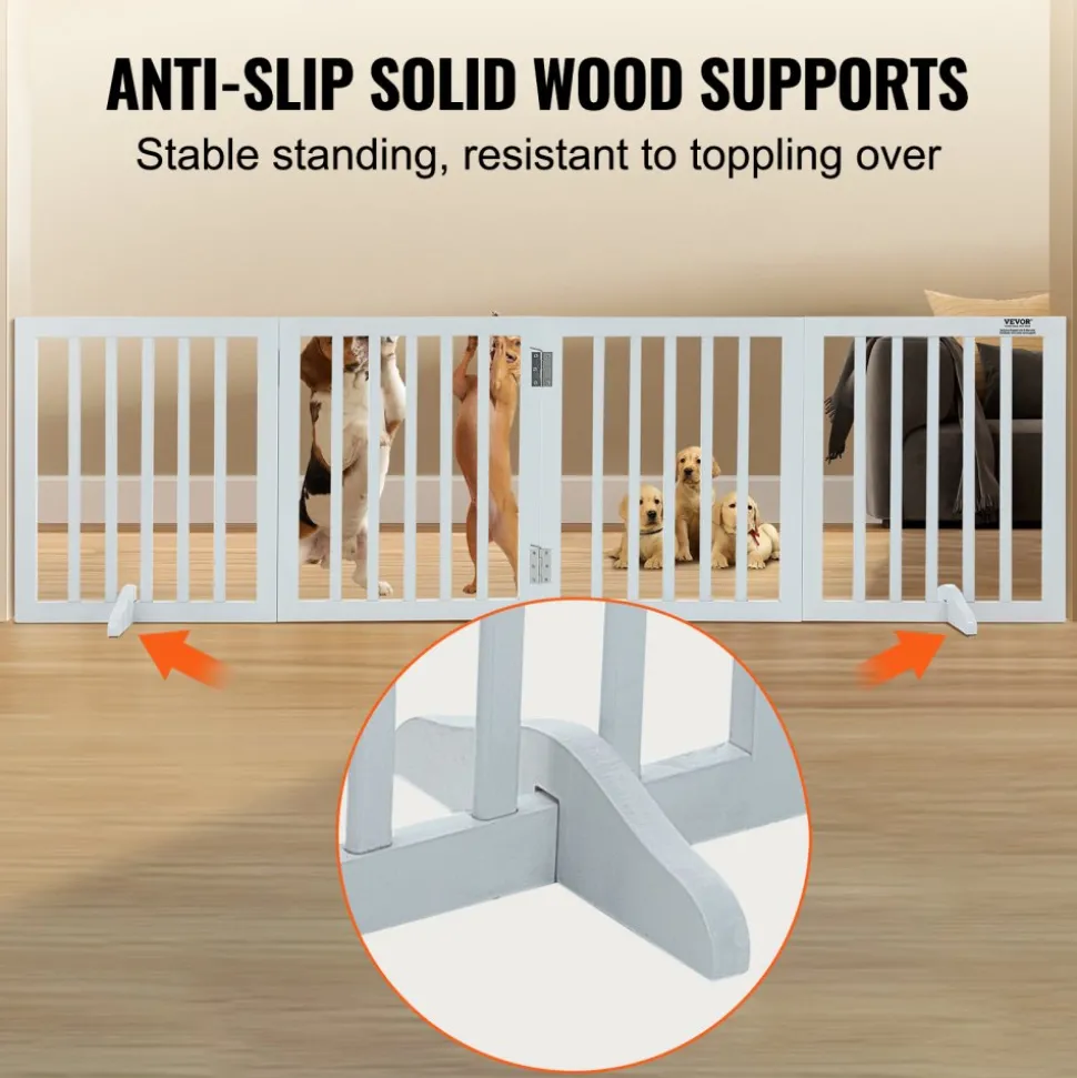 VEVOR Freestanding Pet Barrier, 24" Height x 80.3" Width, 4-Panel Folding Dog Gate for Various Openings, Expandable and Quiet Foot-Supported Indoor Dog Fence, White