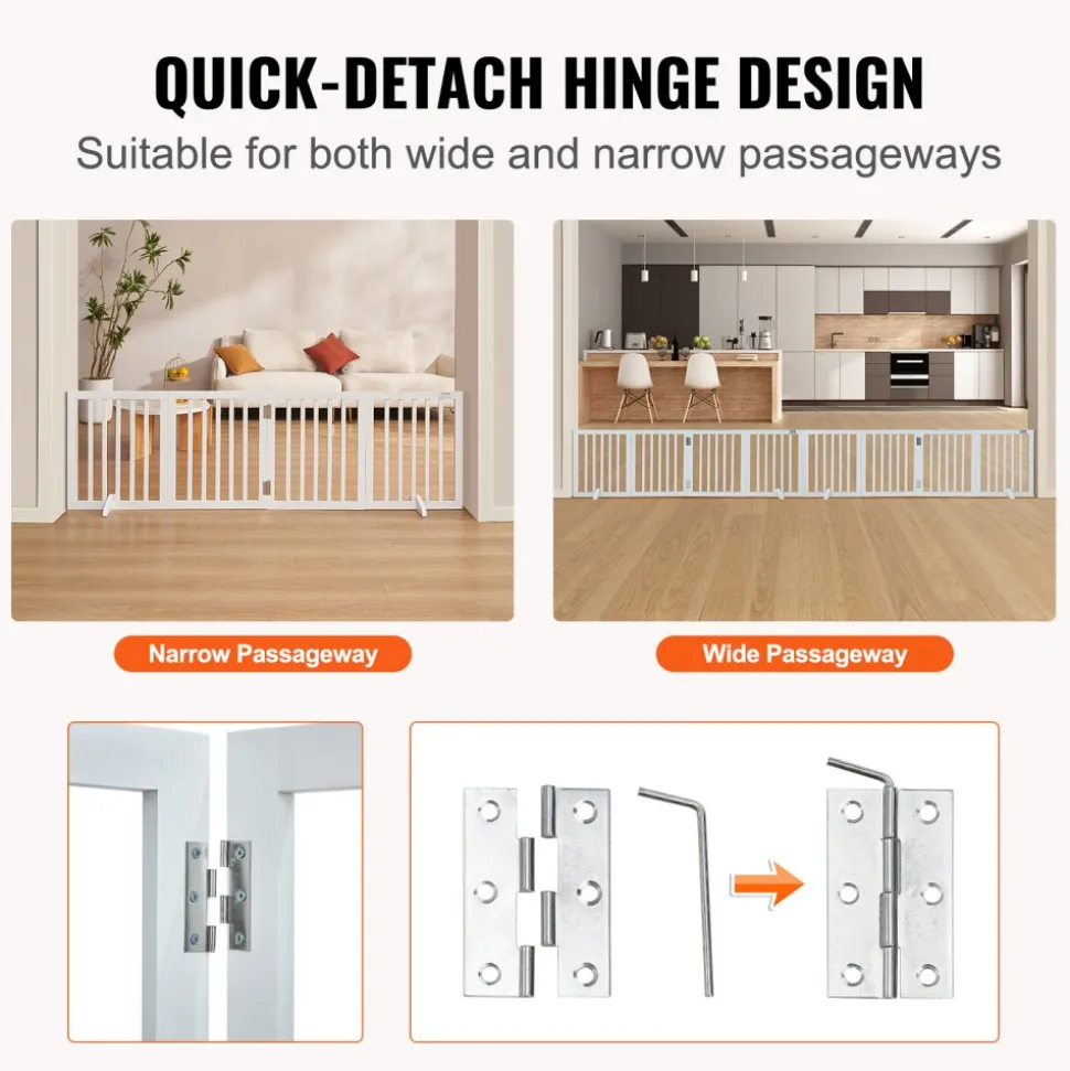 VEVOR Freestanding Pet Barrier, 24" Height x 80.3" Width, 4-Panel Folding Dog Gate for Various Openings, Expandable and Quiet Foot-Supported Indoor Dog Fence, White