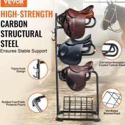 VEVOR Freestanding Saddle Stand, 30 x 30 x 68.5 in, 3 Tiers Saddle Rack, Heavy Duty Saddle Blanket Holder with Removable & Rotating Tiers, English & Western Saddle Rack for Tack Room Organization