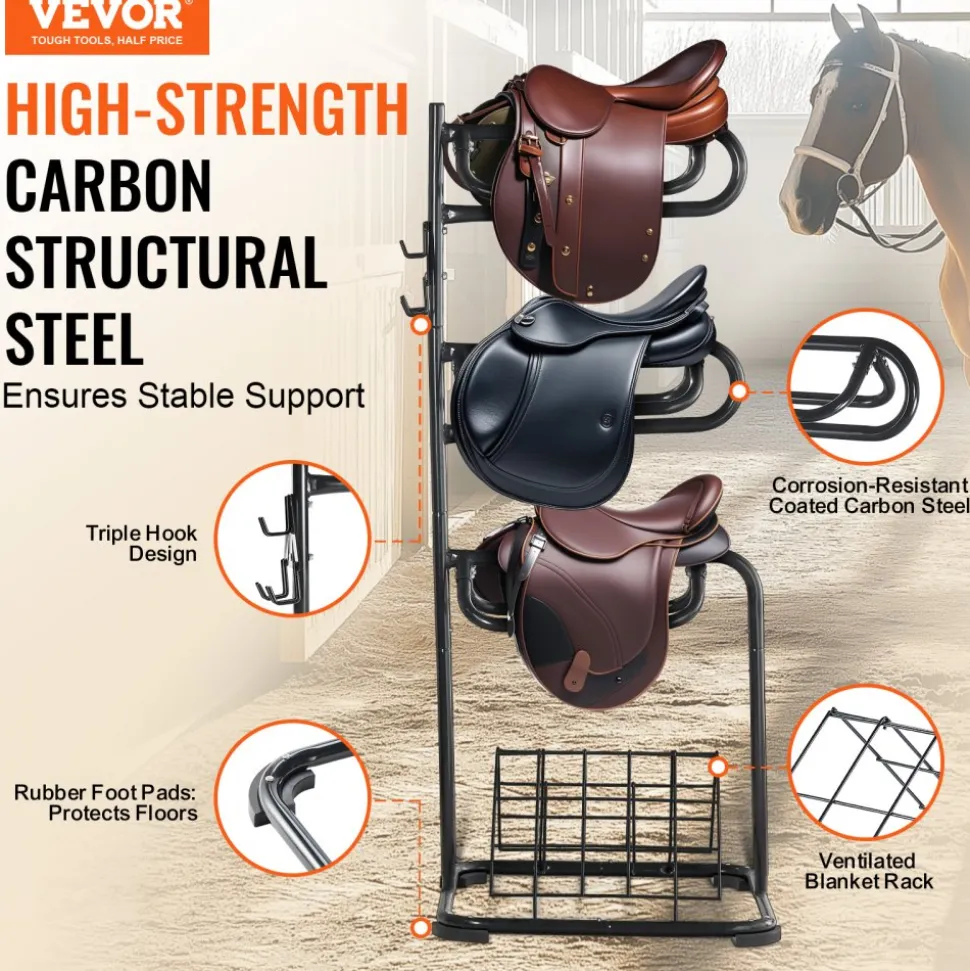 VEVOR Freestanding Saddle Stand, 30 x 30 x 68.5 in, 3 Tiers Saddle Rack, Heavy Duty Saddle Blanket Holder with Removable & Rotating Tiers, English & Western Saddle Rack for Tack Room Organization