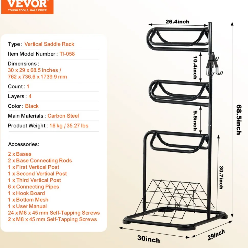 VEVOR Freestanding Saddle Stand, 30 x 30 x 68.5 in, 3 Tiers Saddle Rack, Heavy Duty Saddle Blanket Holder with Removable & Rotating Tiers, English & Western Saddle Rack for Tack Room Organization