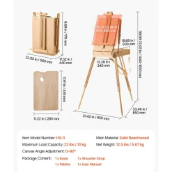 VEVOR French Easel with Legs Foldable and Portable Sketchbox Easel Stand, For Painting, Solid Beech Wood, Holds Canvas up to 33.86