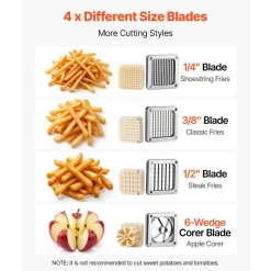 VEVOR French Fry Cutter, Commercial Vegetable Chopper with 4 Blades (1/2", 3/8", 1/4" & 6-Wedge with Corer), Lever Stainless Steel Potato Slicer for Home Thick, Regular & Thin Fries Cut, Onion, Fruit