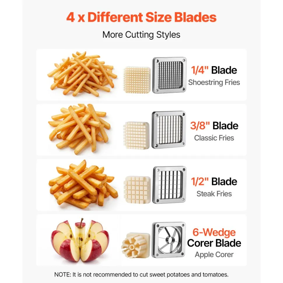 VEVOR French Fry Cutter, Commercial Vegetable Chopper with 4 Blades (1/2", 3/8", 1/4" & 6-Wedge with Corer), Lever Stainless Steel Potato Slicer for Home Thick, Regular & Thin Fries Cut, Onion, Fruit