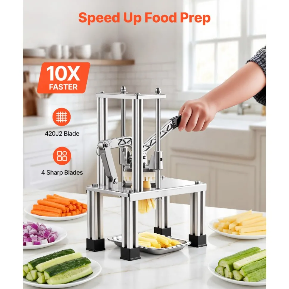 VEVOR French Fry Cutter, Commercial Vegetable Chopper with 4 Blades (1/4", 3/8", 6-Wedge & Apple Corer), Stainless Steel Potato Slicer for Fries, Onion, Carrots, Lemon – Home & Restaurant Use