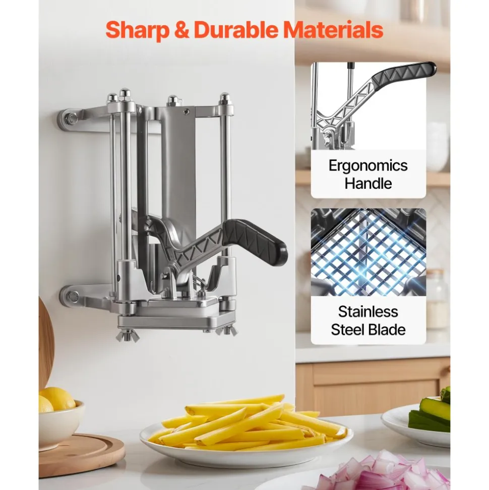 VEVOR French Fry Cutter, Commercial Vegetable Chopper with 4 Blades - 1/4", 3/8", 6-Wedge Slicer & Apple Corer - Wall Mount Stainless Steel Potato Cutter, for Home & Restaurant Use