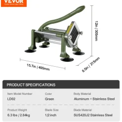 VEVOR French Fry Cutter, Potato Slicer with 1/2-Inch Stainless Steel Blade, Manual Potato Cutter Chopper with Suction Cups, Great for Potato, French Fries, Cucumber, Vegetables, Carrot