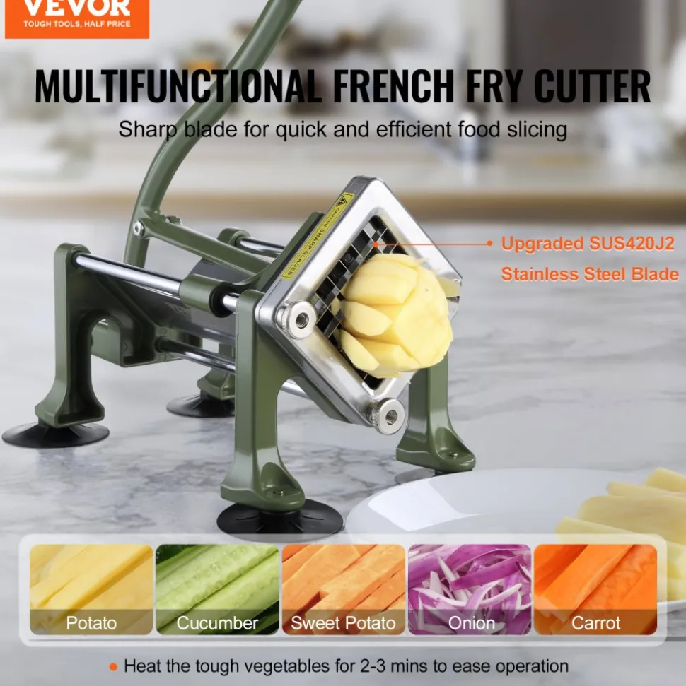 VEVOR French Fry Cutter, Potato Slicer with 1/2-Inch Stainless Steel Blade, Manual Potato Cutter Chopper with Suction Cups, Great for Potato, French Fries, Cucumber, Vegetables, Carrot
