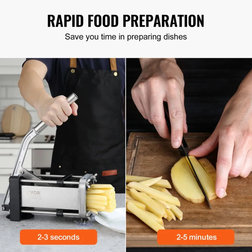 VEVOR French Fry Cutter, Potato Slicer with 1/2-Inch and 3/8-Inch Stainless Steel Blades, Manual Potato Cutter Chopper with Suction Cups, Great for Potato, French Fries, Cucumber, Vegetables, Carrot