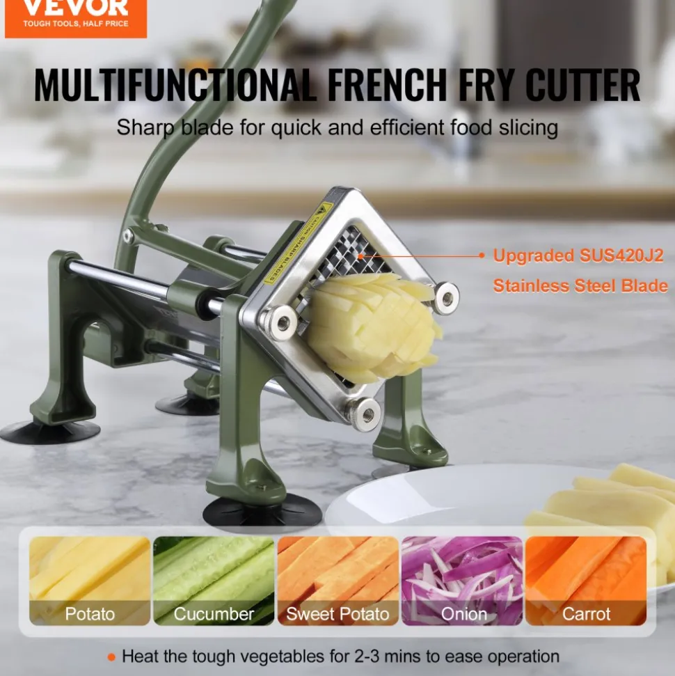 VEVOR French Fry Cutter, Potato Slicer with 1/2-Inch and 3/8-Inch Stainless Steel Blades, Manual Potato Cutter Chopper with Suction Cups, Great for Potato, French Fries, Cucumber, Vegetables, Carrot