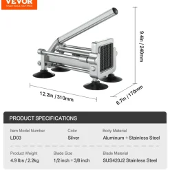 VEVOR French Fry Cutter, Potato Slicer with 1/2-Inch and 3/8-Inch Stainless Steel Blades, Manual Potato Cutter Chopper with Suction Cups, Great for Potato, French Fries, Cucumber, Vegetables, Carrot