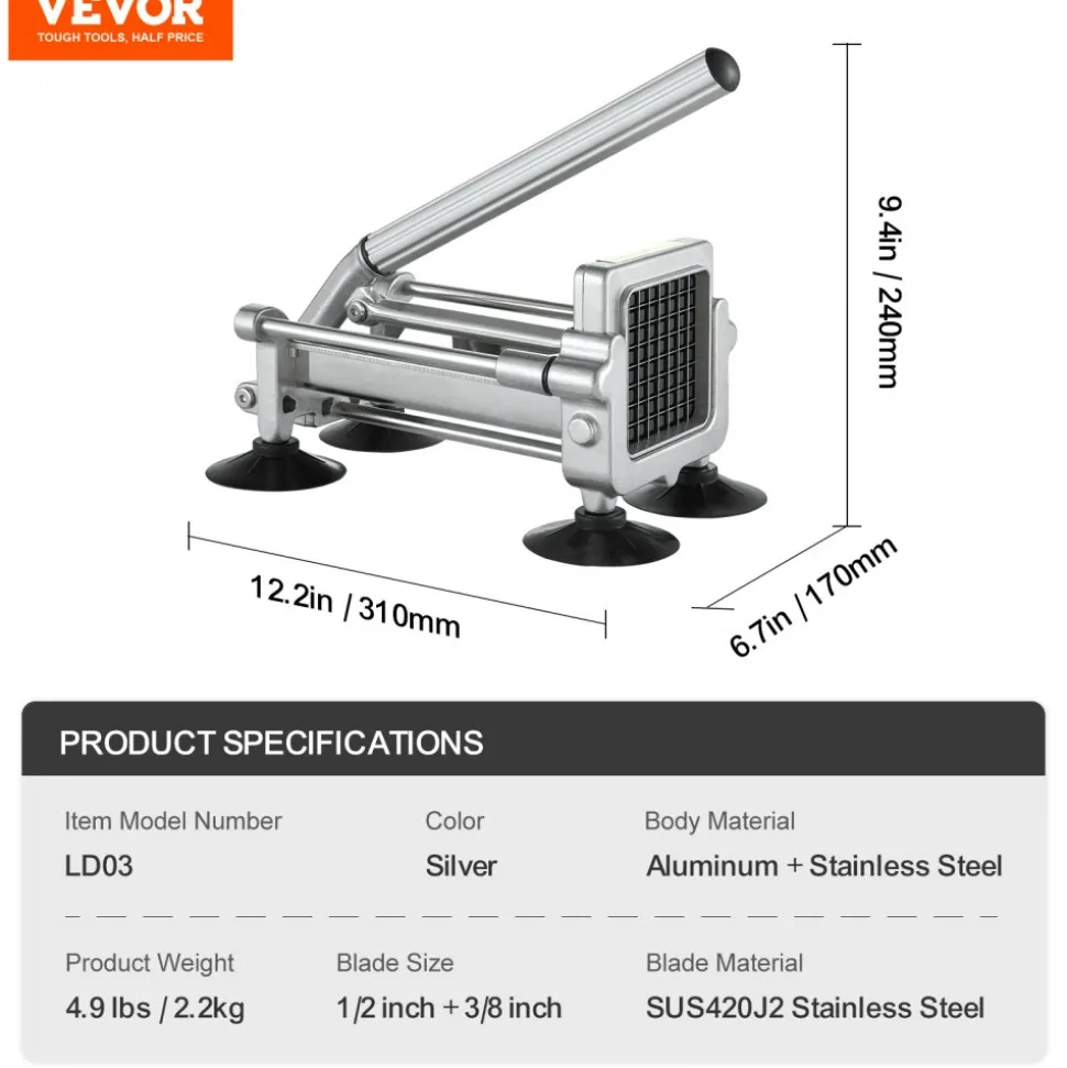 VEVOR French Fry Cutter, Potato Slicer with 1/2-Inch and 3/8-Inch Stainless Steel Blades, Manual Potato Cutter Chopper with Suction Cups, Great for Potato, French Fries, Cucumber, Vegetables, Carrot