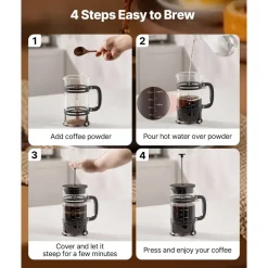 VEVOR French Press Coffee Maker, 34 Ounce 1 Liter Borosilicate Glass Coffee Press Tea Maker with Stainless Steel Filter, Large Glass French Presses Cold Brew for Camping Travel Home Kitchen, Silver