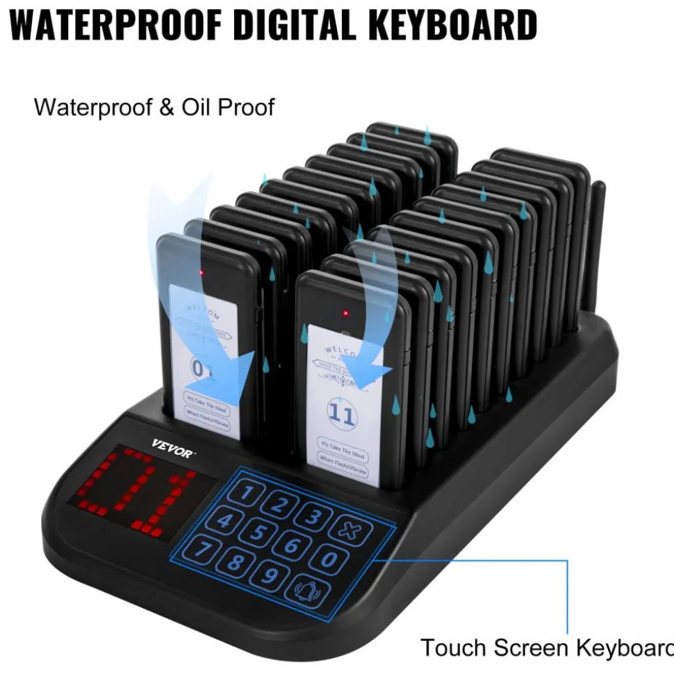 VEVOR F103 Restaurant Pager System 20 Pagers, Max 98 Beepers Wireless Calling System, Touch Keyboard with Vibration, Flashing and Buzzer for Church, Nurse,Hospital & Hotel