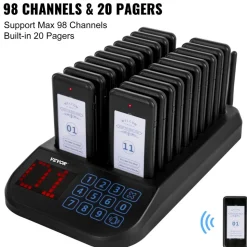 VEVOR F103 Restaurant Pager System 20 Pagers, Max 98 Beepers Wireless Calling System, Touch Keyboard with Vibration, Flashing and Buzzer for Church, Nurse,Hospital & Hotel