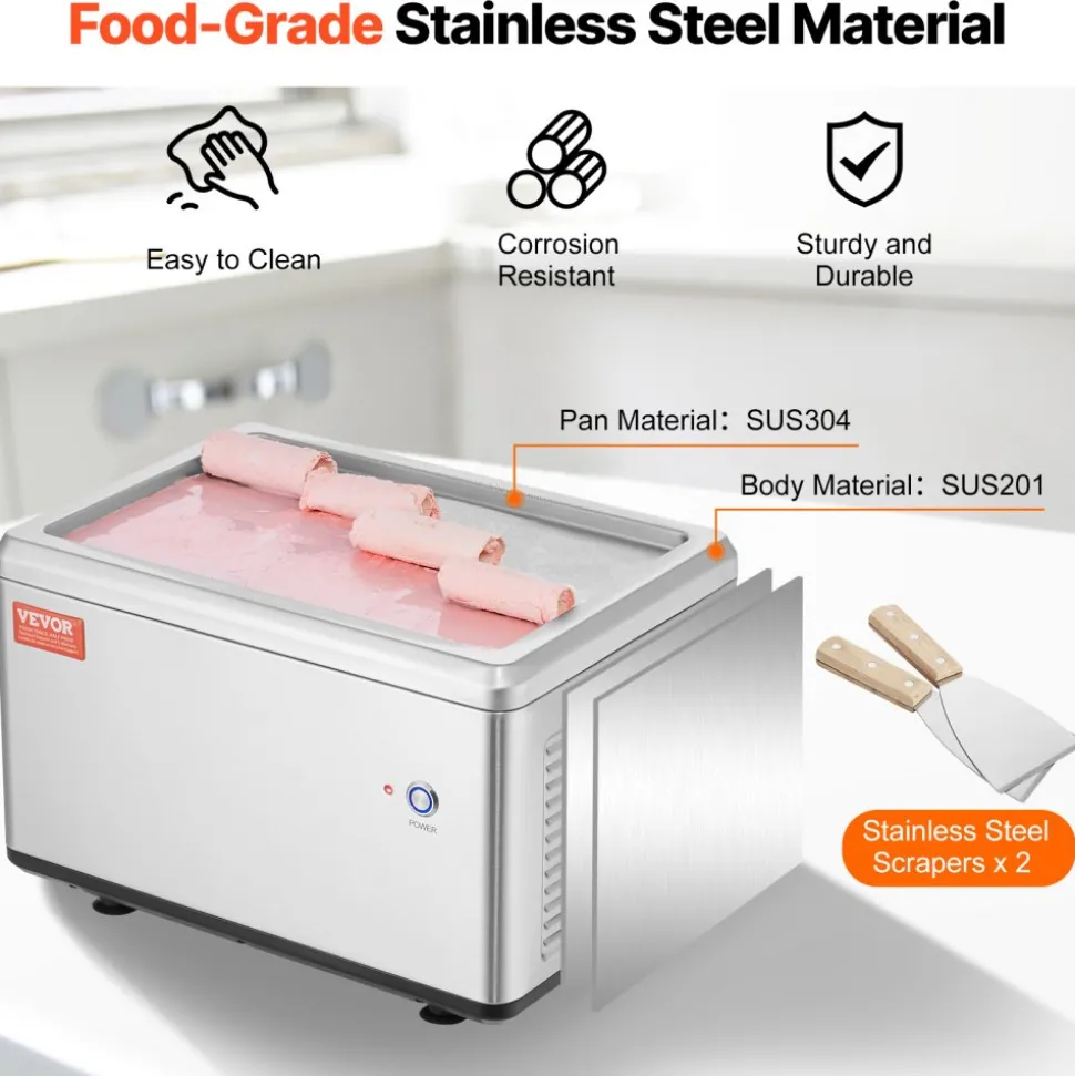VEVOR Fried Ice Cream Roll Machine, 12.6" x 8.5" Stir-Fried Ice Cream Pan, Stainless Steel Rolled Ice Cream Maker with Compressor and 2 Scrapers, for Making Ice Cream, Frozen Yogurt, Ice Cream Rolls