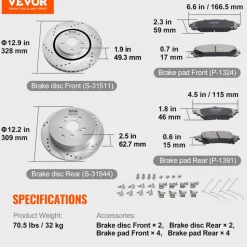 VEVOR Front and Rear Brake Kit Compatible with 2014-2015 Nissan Rogue (2 Row Seating; 11.65 inch (296mm) Front Outer Diameter), Hollow Structure Brake Rotors Ceramic Brake Pads Replacement Kit