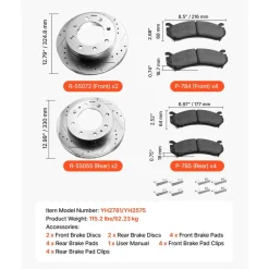 VEVOR Front and Rear Brake Kit Compatible with 2002-2006 Chevrolet Avalanche 2500 (8 STUD), 2002-2004 Chevrolet Silverado 2500 (Models w/Manual Transmission ONLY), Drilled & Slotted Brake Rotors
