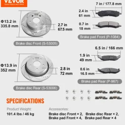 VEVOR Front and Rear Brake Kit for 06-2018 Dodge Ram 1500, 07-2009 Dodge Durango Chrysler Aspen, Drilled and Slotted Brake Rotors Ceramic Brake Pads Replacement, 13.2
