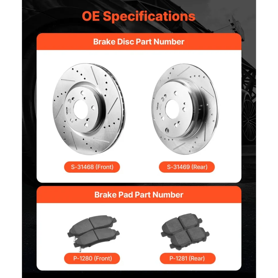 VEVOR Front and Rear Brake Kit Compatible with 2007-2013 Acura MDX, 2010-2013 Acura ZDX, 2009-2014 Honda Pilot, Drilled and Slotted Brake Rotors Ceramic Brake Pads Replacement Kit, 13 in (Front)